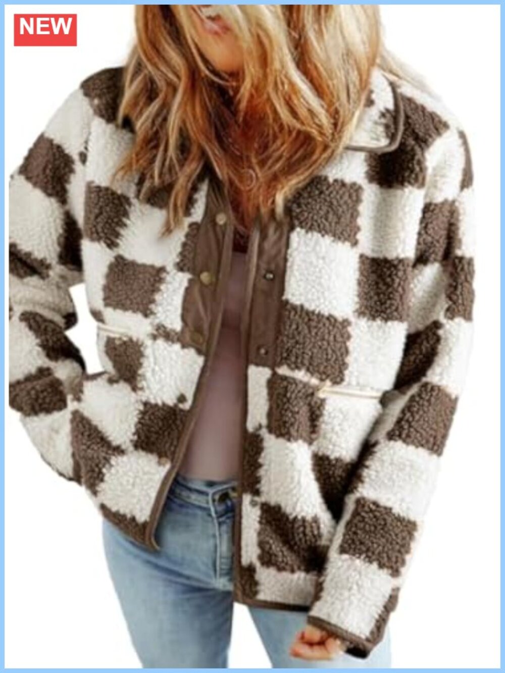 Women's Plaid Fleece Jacket Casual Long Sleeve Button Down Coat with Pockets